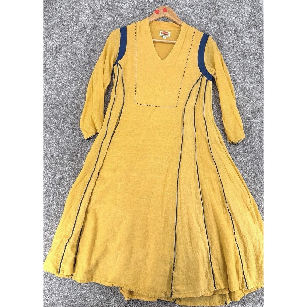 Rentiyo Handwoven Khadi Cotton Anarkali Yellow A-Line Kurta Size XS